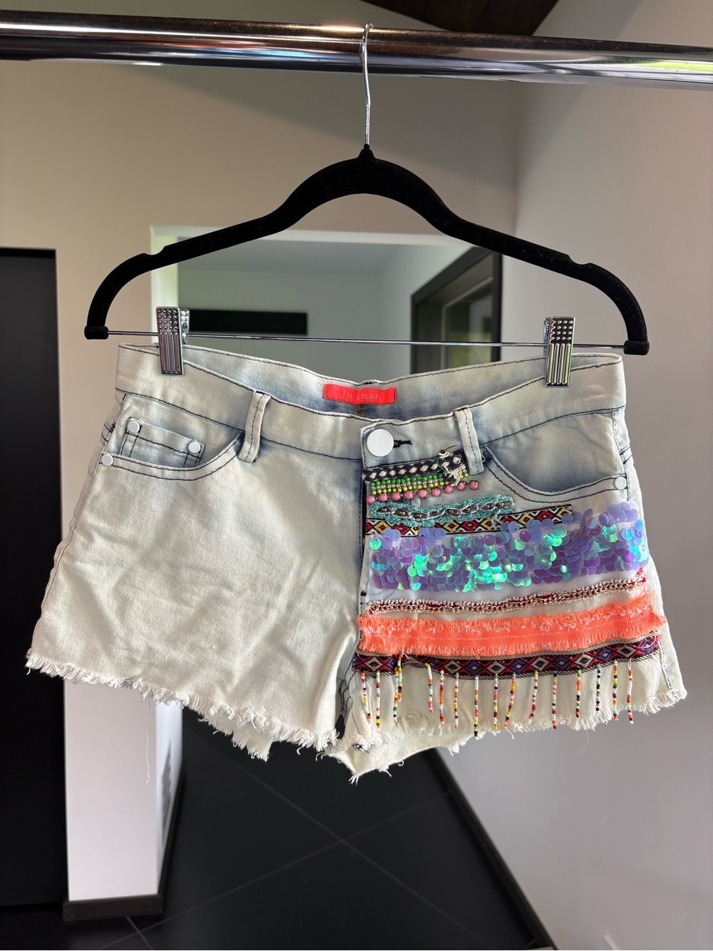 Lulumari White Denim Shorts with Multicolor Sequin & Fringe Trim